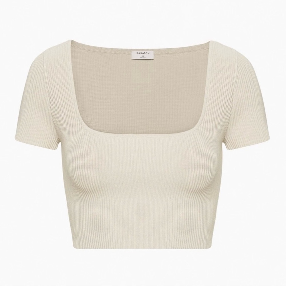NWT Aritzia Babaton Sculpt Knit Ribbed Square Neck Crop Top Tan Beige 2XS XXS